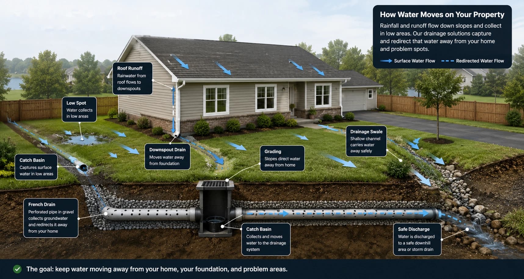Homeowner drainage schematic showing roof runoff, downspouts, grading, catch basins, and a French drain moving water away from a house