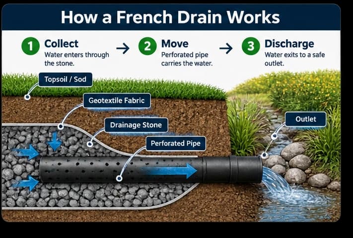Diagram of an exterior French drain: water moves through drainage stone into a perforated pipe and toward a discharge point