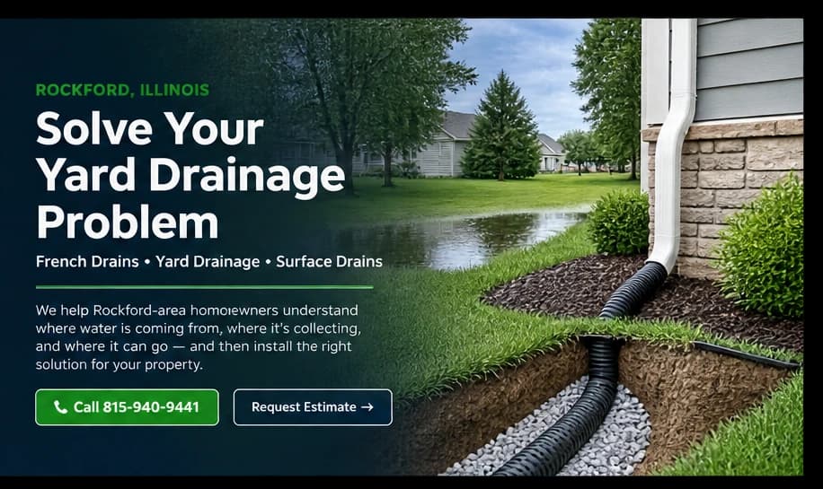 French drain installation along a residential yard in the Rockford area
