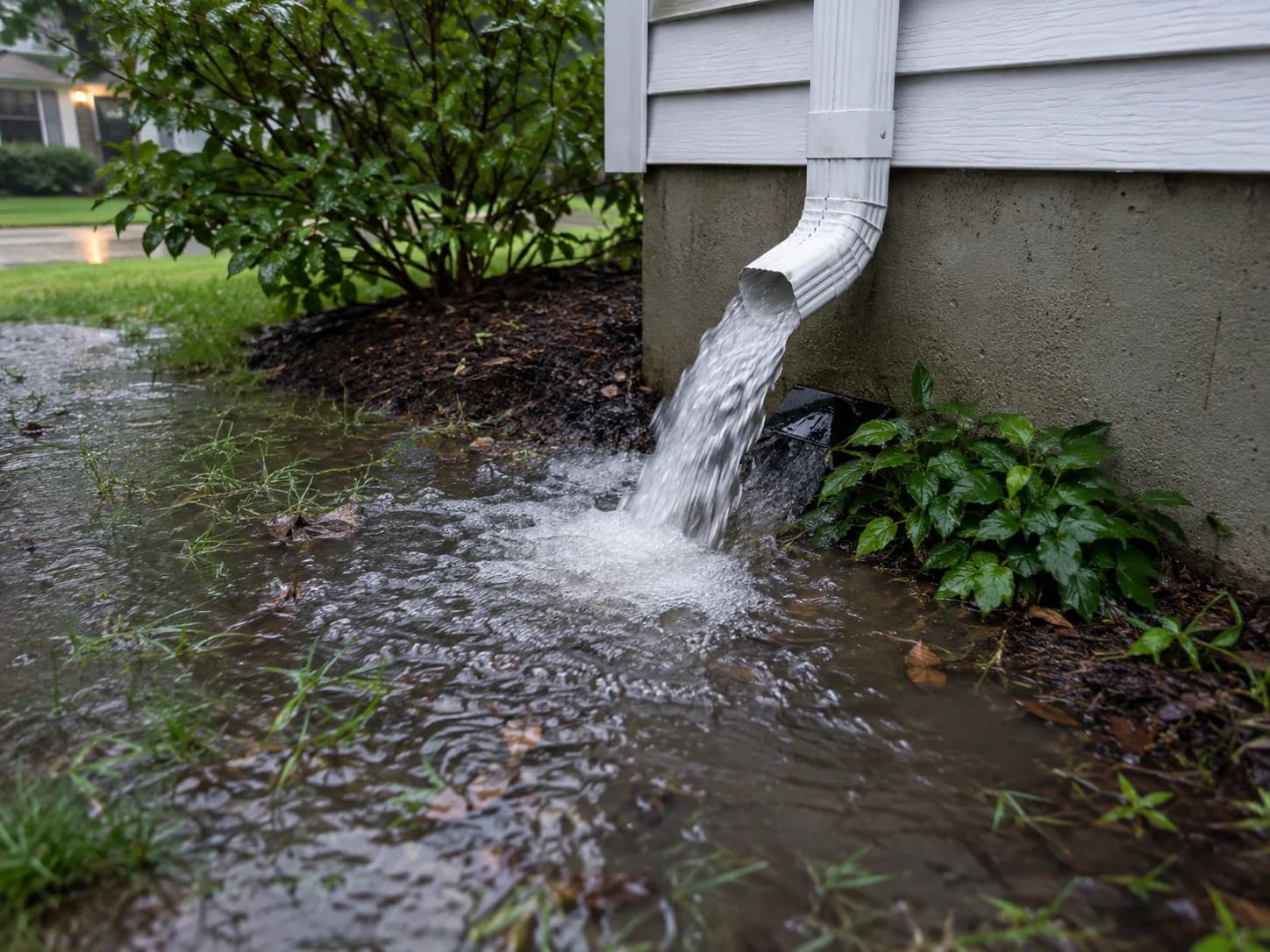 Downspout discharging water into a pooled area beside a home