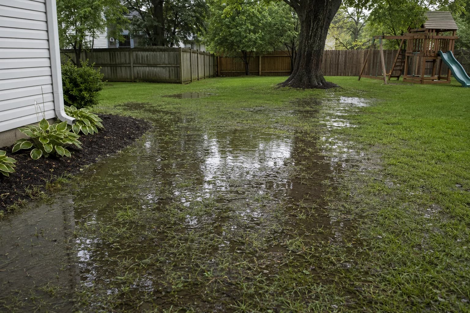 Waterlogged backyard with standing water after rain