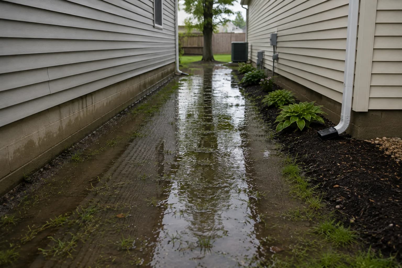 Rain-soaked side yard with standing water between houses