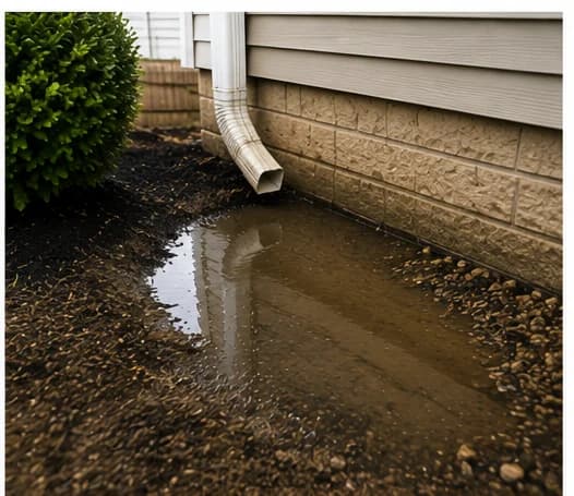 Water pooling beside a residential foundation