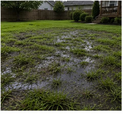 Saturated residential lawn remaining wet after rain